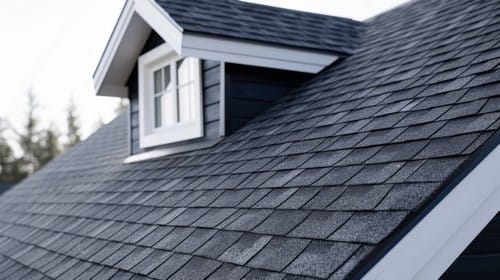 Close-up of a modern house roof with black asphalt shingles