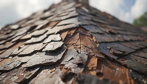 Old shingles on the roof of a house in the village